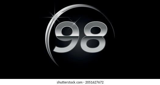 Chrome vector number 98. Logo for birthday, celebrations, dates with silver ring isolated on black background with silver light, vector design for celebration, invitation card and greeting card
