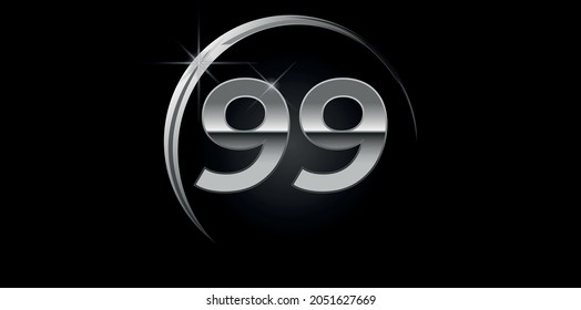 Chrome vector number 99. Logo for birthday, celebrations, dates with silver ring isolated on black background with silver light, vector design for celebration, invitation card and greeting card