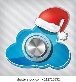 Chrome volume knob on transparency cloud with santa claus hat on a stripped background