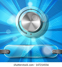Chrome volume knob with transparency plate and rays on the blue waved background