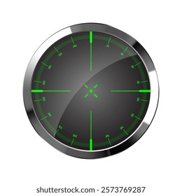 Chrome weapon night sight, sniper rifle optical scope. Hunting gun viewfinder with crosshair. Aim, shooting mark symbol. Military target sign, silhouette. Game UI element. Vector illustration