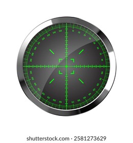 Chrome weapon night sight, sniper rifle optical scope. Hunting gun viewfinder with crosshair. Aim, shooting mark symbol. Military target sign, silhouette. Game UI element. Vector illustration