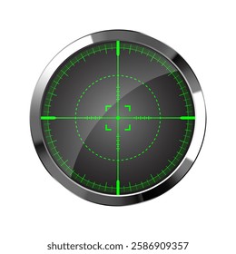 Chrome weapon night sight, sniper rifle optical scope. Hunting gun viewfinder with crosshair. Aim, shooting mark symbol. Military target sign, silhouette. Game UI element. Vector illustration