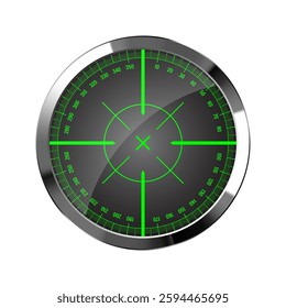 Chrome weapon night sight, sniper rifle optical scope. Hunting gun viewfinder with crosshair. Aim, shooting mark symbol. Military target sign, silhouette. Game UI element. Vector illustration