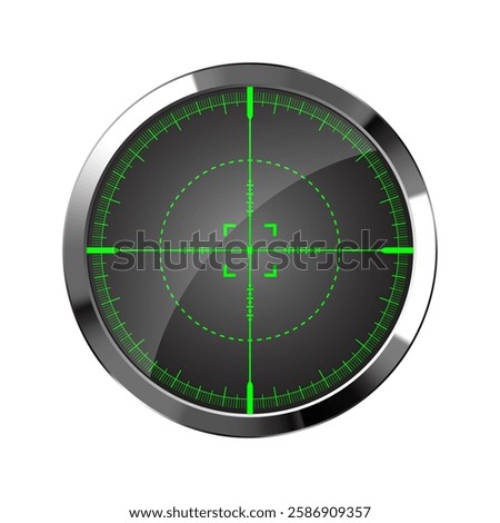 Chrome weapon night sight, sniper rifle optical scope. Hunting gun viewfinder with crosshair. Aim, shooting mark symbol. Military target sign, silhouette. Game UI element. Vector illustration