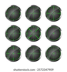 Chrome weapon night sights, sniper rifle optical scopes. Hunting gun viewfinder with crosshair. Aim, shooting mark symbol. Military target sign, silhouette. Game UI element. Vector illustration