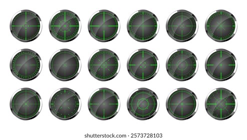 Chrome weapon night sights, sniper rifle optical scopes. Hunting gun viewfinder with crosshair. Aim, shooting mark symbol. Military target sign, silhouette. Game UI element. Vector illustration