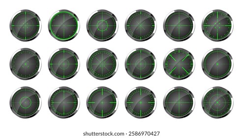 Chrome weapon night sights, sniper rifle optical scopes. Hunting gun viewfinder with crosshair. Aim, shooting mark symbol. Military target sign, silhouette. Game UI element. Vector illustration