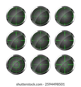 Chrome weapon night sights, sniper rifle optical scopes. Hunting gun viewfinder with crosshair. Aim, shooting mark symbol. Military target sign, silhouette. Game UI element. Vector illustration