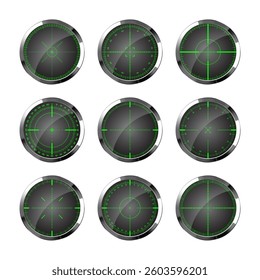 Chrome weapon night sights, sniper rifle optical scopes. Hunting gun viewfinder with crosshair. Aim, shooting mark symbol. Military target sign, silhouette. Game UI element. Vector illustration