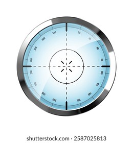 Chrome weapon sight, sniper rifle optical scope. Hunting gun viewfinder with crosshair. Aim, shooting mark symbol. Military target sign, silhouette. Game interface UI element. Vector illustration