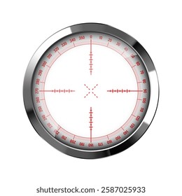 Chrome weapon sight, sniper rifle optical scope. Hunting gun viewfinder with crosshair. Aim, shooting mark symbol. Military target sign, silhouette. Game interface UI element. Vector illustration