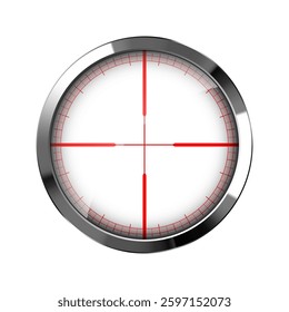 Chrome weapon sight, sniper rifle optical scope. Hunting gun viewfinder with crosshair. Aim, shooting mark symbol. Military target sign, silhouette. Game interface UI element. Vector illustration