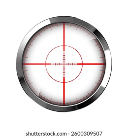 Chrome weapon sight, sniper rifle optical scope. Hunting gun viewfinder with crosshair. Aim, shooting mark symbol. Military target sign, silhouette. Game interface UI element. Vector illustration