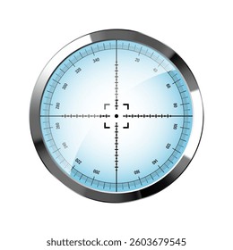 Chrome weapon sight, sniper rifle optical scope. Hunting gun viewfinder with crosshair. Aim, shooting mark symbol. Military target sign, silhouette. Game interface UI element. Vector illustration