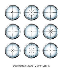 Chrome weapon sights, sniper rifle optical scopes. Hunting gun viewfinder with crosshair. Aim, shooting mark symbol. Military target sign, silhouette. Game interface UI element. Vector illustration