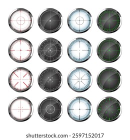 Chrome weapon sights, sniper rifle optical scopes. Hunting gun viewfinder with crosshair. Aim, shooting mark symbol. Military target sign, silhouette. Game interface UI element. Vector illustration
