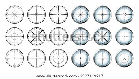 Chrome weapon sights, sniper rifle optical scopes. Hunting gun viewfinder with crosshair. Aim, shooting mark symbol. Military target sign, silhouette. Game interface UI element. Vector illustration