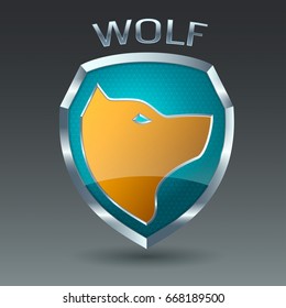 Chrome wolf emblem with inscription, orange wolf on blue background for sports team