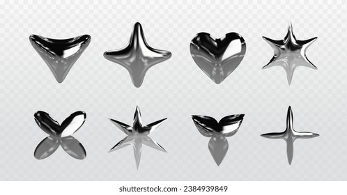 Chrome y2k abstract shapes. 3d realistic vector illustration set of silver inflatable forms of heart, star and liquid metal. Graphic design elements made of steel or platinum with reflections.