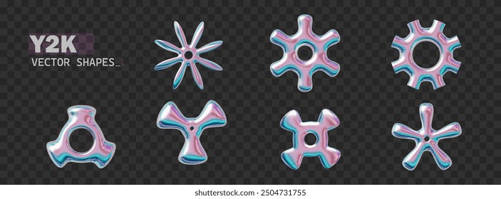 Chrome y2k elements isolated with chrome effect in y2k style. Holographic chrome shapes 2000s and are perfect for futuristic designs.