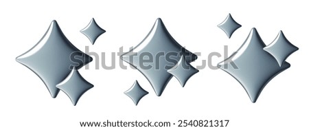Chrome y2k star emoji set. 3d silver metal sparkle vector stickers isolated on transparent background. 