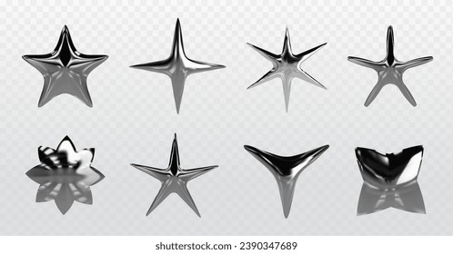 Chrome y2k stars of various shapes - 3d realistic vector illustration set of silver inflatable liquid metal abstract forms. Graphic design elements made of glossy steel or mercury with reflections.