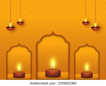 Chrome Yellow Mandala Pattern Background With Lit Oil Lamps (Diya) Hang, Tealight Candles And Copy Space.