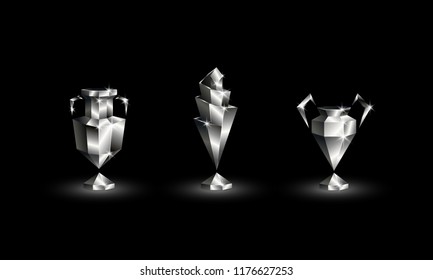 Chromed Low Poly Soccer Cups Set. Abstract Polygonal 3D Football Trophy of Euro, Champions, Nations League.