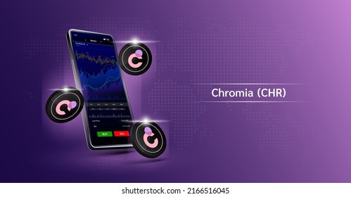 Chromia coin and Phone. App for trading crypto currency on the touch screen smartphone. Data analytics stock market. Mobile banking cryptocurrency. Vector 3d. 
