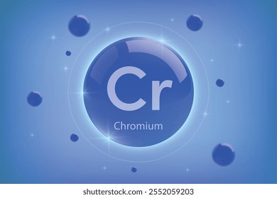 Ícone azul de cromo. Cápsula mineral essencial com efeitos brilhantes para a saúde óssea e bem-estar. Perfeito para projetos de suplementos médicos, cosméticos e nutricionais