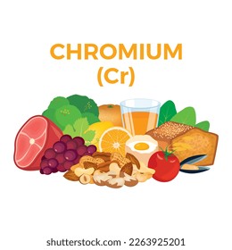 Chromium (Cr) in food icon vector. Chromium food sources vector illustration on a white background. Grapes, citrus, orange, nuts, ham, wholemeal bread vector. Pile of healthy fresh food drawing