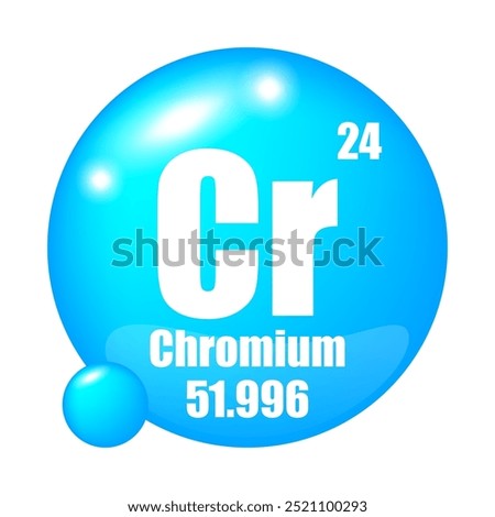 Chromium element icon. Cr symbol focus. Atomic number 24. Mass 51.996.