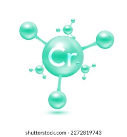 Chromium mineral in the form of atoms molecules green glossy. Chromium icon 3D isolated on white background. Minerals vitamins complex. Medical and science concept. Vector EPS10 illustration. svg