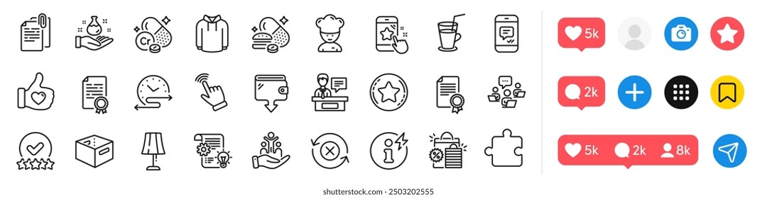 Chromium mineral, Inclusion and Chemistry lab line icons pack. Social media icons. Cogwheel, Table lamp, Loyalty star web icon. Puzzle, Wallet, Reject refresh pictogram. Vector