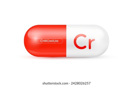 Chromium minerals capsule red 3D isolated on white background. Nutrients necessary for the body helps maintain brain and bone. Dietary supplement health care concept. Vector EPS10 illustration.