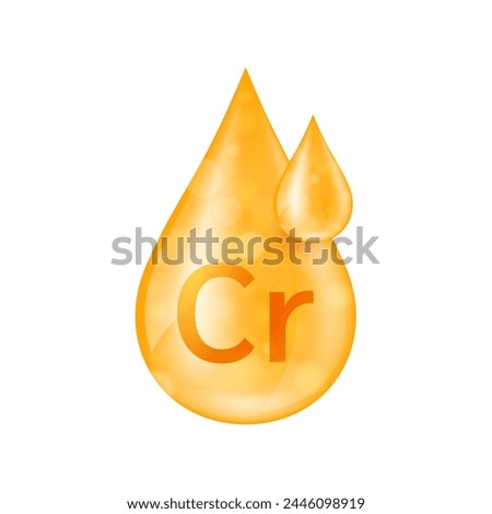 Chromium minerals droplet orange. Solution vitamins complex essential. Aqua drop from nature on white background for dietary supplement ads. Medical science concept. Icon 3D isolated vector.