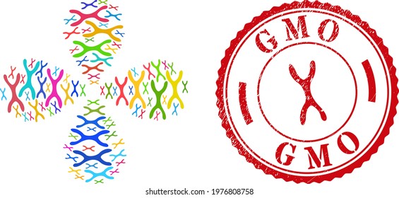 Chromosome bright centrifugal flower with 4 petals, and red round GMO rubber stamp. Chromosome symbol inside round rubber print. Object burst done from scattered chromosome items.