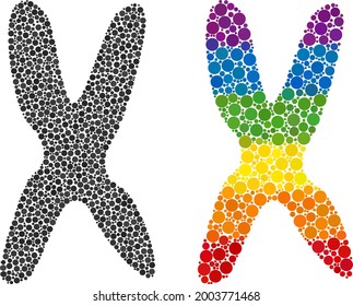 Chromosome collage icon of circle elements in different sizes and rainbow colored color tinges. A dotted LGBT-colored chromosome for lesbians, gays, bisexuals, and transgenders.