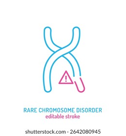 Chromosome disorder icon, pictogram. Structural anomaly and alert symbol. Used in genetics, diagnostics, rare disease education, and chromosomal pathology awareness. Editable vector illustration
