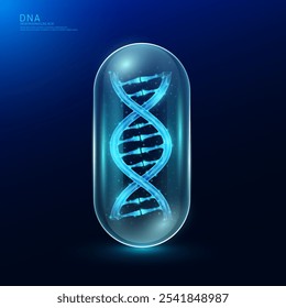 Chromosome DNA or deoxyribonucleic acid in antibiotics drug capsule. Gene double helix blue glowing polygonal. Nucleus cell genetic synthetic biology combined. Medical science vector.