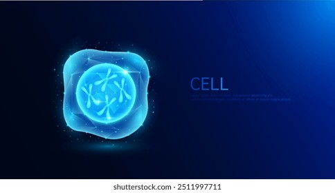 Chromosome DNA in nucleus cell. Gene double helix blue glowing polygonal. Genetic synthetic biology combined. Code analysis thymine, adenine, guanine, cytosine. Medical science background vector.