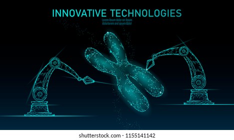 Chromosome DNA structure medicine concept. Low poly polygonal triangle gene therapy cure genetic disease. GMO engineering CRISPR Cas9 innovation modern technology science banner vector illustration