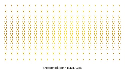 Chromosome icon golden halftone pattern. Vector chromosome shapes are arranged into halftone grid with inclined golden gradient. Designed for backgrounds, covers, templates and beautiful effects.