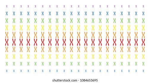 Chromosome icon rainbow colored halftone pattern. Vector shapes arranged into halftone grid with vertical spectrum gradient. Designed for backgrounds, covers, templates and abstract compositions.