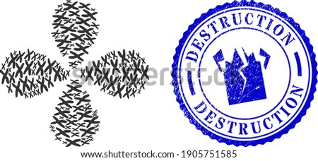 Chromosome rotation motion, and blue round DESTRUCTION corroded stamp imitation with icon inside. Object flower with 4 petals created from oriented chromosome items.