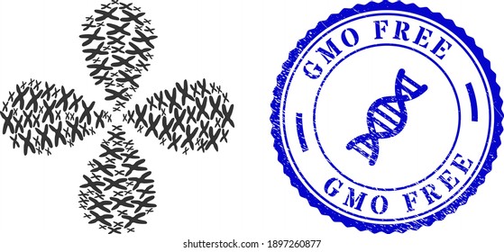 Chromosome swirl flower cluster, and blue round GMO FREE grunge rubber print with icon inside. Element flower with 4 petals designed from oriented chromosome items.