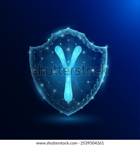 Chromosome Y DNA in shield translucent low poly triangle futuristic glowing. On dark blue background. Genetic synthetic biology combined. Immunity protection medical concept. Vector EPS10.