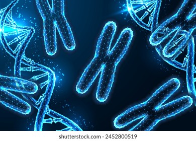 Chromosomen und DNA-Stränge Wissenschaftlicher Hintergrund. Gentechnik futuristisches Konzept im glühenden Polygonstil auf dunkelblauem Hintergrund. Moderne abstrakte Verbindungsdesign-Vektorillustration.