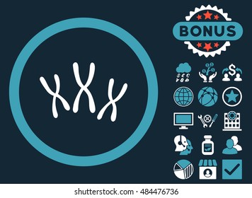 Chromosomes icon with bonus pictogram. Vector illustration style is flat iconic bicolor symbols, blue and white colors, dark blue background.
